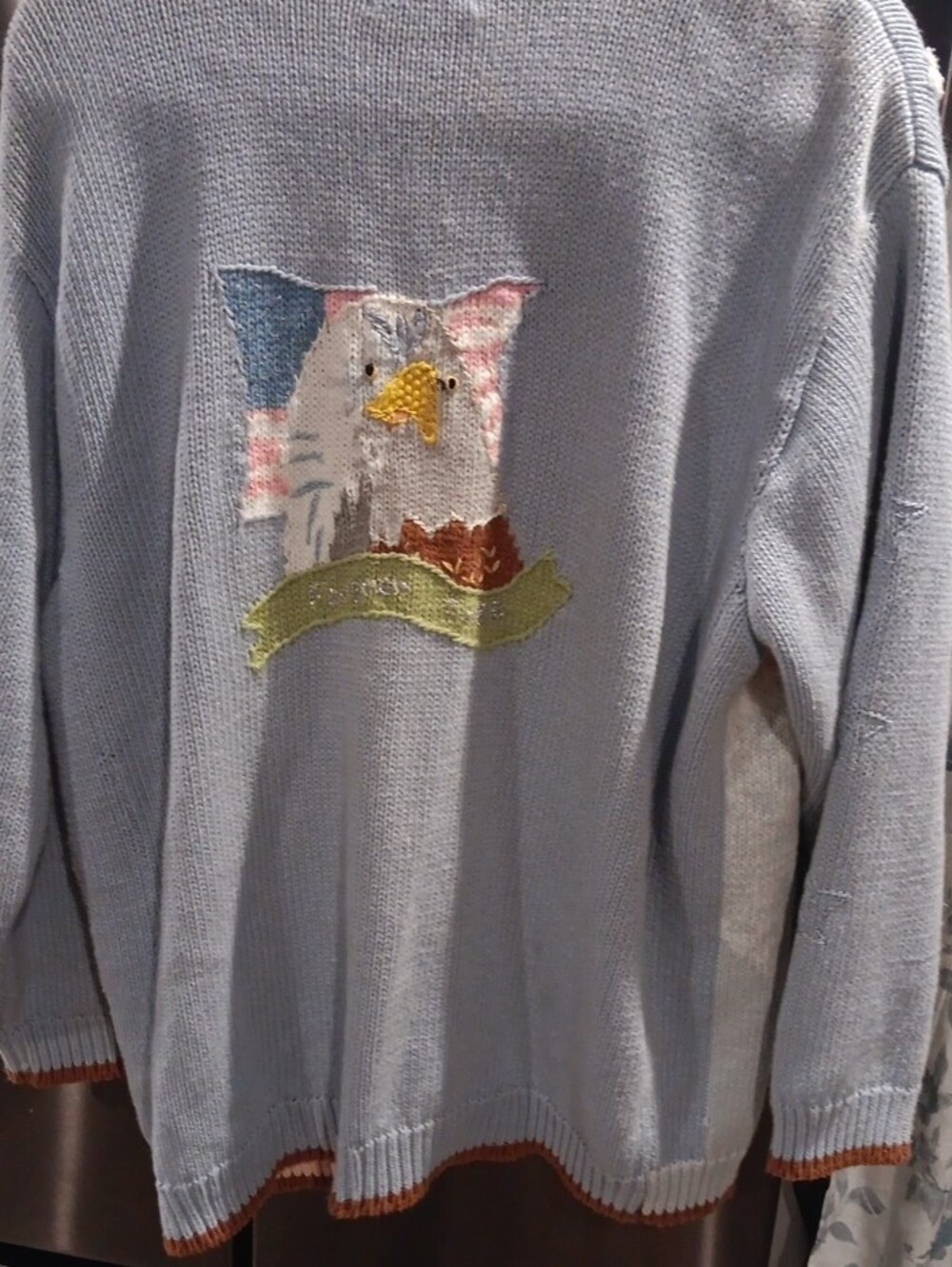 Storybook Knits Light Blue, Brown, Pink Embroidered Bird Shawl-Front Cardigan - Picture 8 of 9